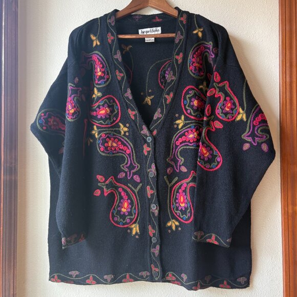 EUC Wool Blend Cardigan Sweater Floral Paisley Embroidered Black Multicolor 14 - Picture 1 of 10